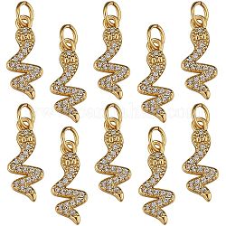 10Pcs Brass Micro Pave Clear Cubic Zirconia Pendants, Long-Lasting Plated, with Jump Ring, Snake, Golden, 15.5x6.5x2mm, Hole: 3mm