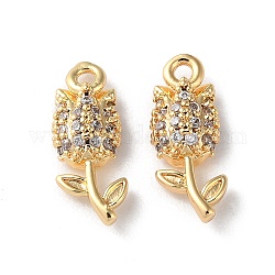 Rack Plating Brass Cubic Zirconia Pendants, Flower, Real 18K Gold Plated, 13.5x5.5x3.5mm, Hole: 1.2mm