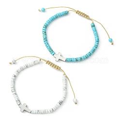 Ensemble de bracelets en perles tressées, howlite naturelle et turquoise synthétique, 2 styles, 2 pièce, 304 bracelets réglables croix en acier inoxydable, couleur inoxydable, diamètre intérieur: 1-7/8~3-1/4 pouce (4.8~8.2 cm), 1pc / style