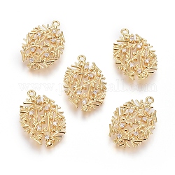 Brass Micro Pave Cubic Zirconia Pendants, Long-Lasting Plated, Oval with Branches and Leaves, Real 18K Gold Plated, Clear, 21x14.5x2.5mm, Hole: 1.2mm