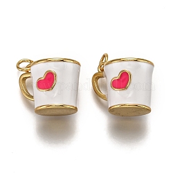 Brass Pendants, with Enamel and Jump Rings, Cup with Heart Pattern, Real 18K Gold Plated, White, 14.5x17x13mm, Hole: 3mm