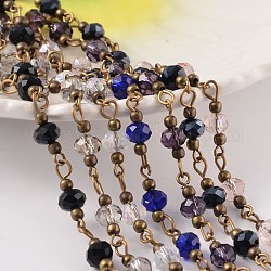 Faceted Rondelle Electroplate Glass Handmade Beaded Chains, Unwelded, with Brass Findings, Antique Bronze, Mixed Color, 6x4mm, about 62pcs/strand, 39.3 inch