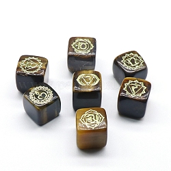 Ensemble de pierres de guérison oeil de tigre naturel 7 chakra, en forme de cube avec symboles gravés, pour la méditation reiki équilibre de puissance wicca, 16~18mm, 7 pièces / kit