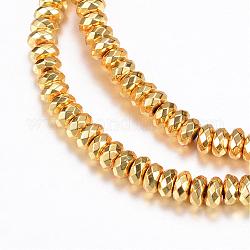 Chapelets de perles en hématite synthétique sans magnétique, rondelle, facette, plaqué or, 4~4.5x2mm, Trou: 1~1.5mm, Environ 184 pcs/chapelet, 15.7 pouce