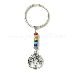 Porte-clés pendentif arbre de vie en alliage, avec perle de pierre précieuse chakra et porte-clés fendus en fer, plat rond, 6.7 cm, pendentif: 18.5x15.5x1.2 mm