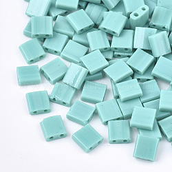 2-trou perles rocailles en verre opaque, rectangle, turquoise, 5x4.5~5.5x2~2.5mm, Trou: 0.5~0.8mm