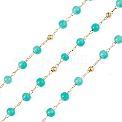 Dyed Natural Jade Round Beaded Chain, with Golden 304 Stainless Steel Satellite Chains, Unwelded, with Spool, Turquoise, 2.5x1x0.3mm, 5x4mm, 3mm, about 32.81 Feet(10m)/Roll