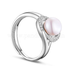 Shegrace anello da dito in argento sterling placcato rodio, micro pavimenta aaa cubic zirconia ovale con perla d'acqua dolce, platino, bianco, 925mm