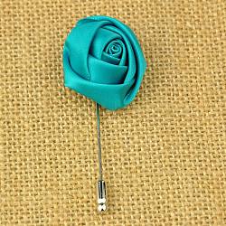 Fashion Handmade Ribbon Flower Costume Lapel Pins, with Brass Findings, Flower, Dark Turquoise, 70mm