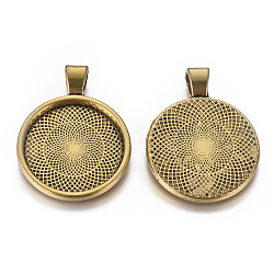 Tibetan Style Alloy Flat Round Pendant Cabochon Settings, Cadmium Free & Nickel Free & Lead Free, Antique Golden, Tray: 24.5mm, 37x28x6.5mm, Hole: 6x4mm