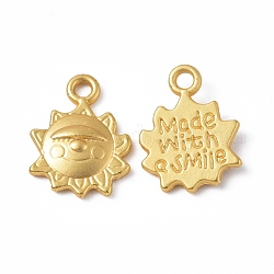 Rack Plating Alloy Pendants, Cadmium Free & Lead Free & Nickle Free, Sun with Word Made with a Smile Charms, Matte Gold Color, 15.5x12x2.5mm, Hole: 1.8mm