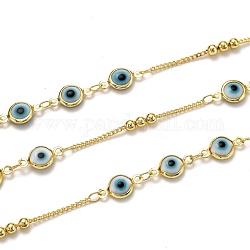 Brass Curb Chains, with Glass, Spool, Long-Lasting Plated, Soldered, Evil Eye, Golden, Links: 1.6x1.3x0.4mm, Beads: 3mm, Evil Eye: 12.5x6.7x2.9mm