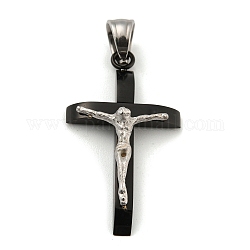 Ionenbeschichtung (IP) 304 Edelstahlanhänger, Kreuz mit Jesus, Metallgrau&edelstahl, 33x18.5x7 mm, Bohrung: 6x5.5 mm