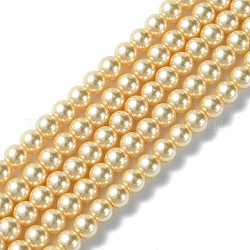 Brins de perles rondes en verre teinté écologique, cordon en coton fileté, jaune, 6mm, Trou: 0.7~1.1mm, Environ 72 pcs/chapelet, 15 pouce