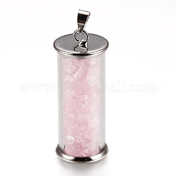 Подвески для бутылочек из сплава и стекла, С кристаллами из натурального розового кварца, платина, колонка, 35x13.5 мм, отверстие : 4x3.5 мм
