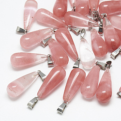 Pendentifs en verre cerise de quartz, avec cliquet en acier inoxydable, larme, 28~30x10~12mm, Trou: 6x4mm