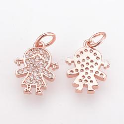 Brass Micro Pave Cubic Zirconia Charms, with Jump Ring, Girl, Rose Gold, 14x10x2mm, Hole: 3mm