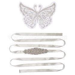 GORGECRAFT 3D Embroidery Butterfly Appliques Wedding Sash Bridal Belts Pure Handmade Bright Crystal Patches Sew-On Rhinestones Applique Sew On Beads Trim Patches for Clothes Tulle Lace Fabric