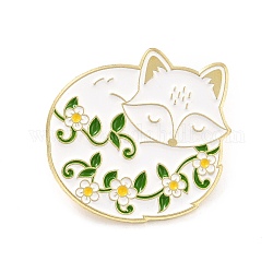 Fuchs mit Blumen-Emailnadel, Tierlegierungs-Emaille-Brosche für Rucksackkleidung, golden, grün, 26x26x9.5 mm, Stift: 1 mm