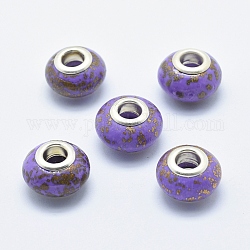 Perles européennes artisanales en pâte de polymère, avec noyaux en laiton plaqué couleur argent, Perles avec un grand trou   , rondelle, mauve, 13~16x8~11mm, Trou: 4.5~5mm