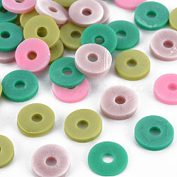4 couleurs de perles d'argile polymère faites à la main, perles heishi, disque / plat rond, rose brumeux & rose perle & vert jaune & vert d'eau moyen, 8x0.5~1.5mm, Trou: 2mm, environ 11500 pcs/1000 g