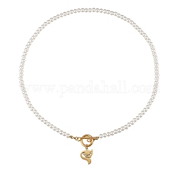304 Stainless Steel Pendant Necklaces, with Acrylic Imitation Pearl Round Beads and Toggle Clasps, Fox, White, Golden, 17.71 inch(45cm)
