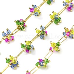 Rack Plating Real 18K Gold Plated Brass Oval Link Chains, with Glass Flower Charms, Soldered, with Spool, Lead Free & Cadmium Free, Colorful, 8x2x0.9mm