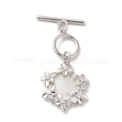 Brass Pave Clear Cubic Zirconia Toggle Clasps, with Natural Shell, Flower, Platinum, Pendant: 20x17.5x3.5mm, Hole: 1.2mm, Bar: 18x3.4x1.6mm, Hole: 0.9mm, Ring: 12x10x1.4mm, Hole: 1mm