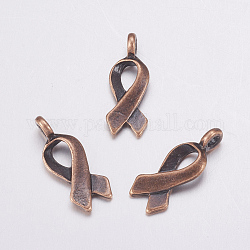 Breast Cancer Awareness Ribbon Metal Alloy Pendants, Red Copper, Lead Free & Cadmium Free & Nickel Free, 18x6mm, Hole: 2mm