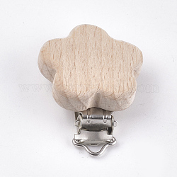 Pinzas porta chupetes de madera de haya, con clips de hierro, flor, Platino, burlywood, 54x41.5x18mm, agujero: 3.5x6 mm