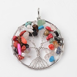 Tree of Life Mixed Stone Big Pendants, with Brass Findings, Platinum, 63~65x49~51x8~10mm, Hole: 8~10mm