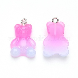 Gradient Color Opaque Resin Pendants, with Glitter Powder and Platinum Tone Iron Peg Bails, Bear, Deep Pink, 23.5x15x6.5mm, Hole: 1.8mm