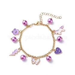 Bracelet à breloques en alliage d'émail et de perles de verre avec 304 chaîne en acier inoxydable pour femme, bleu violet, pendentifs: 11~20x7.5~21x1.5~8 mm, 7-1/2 pouce (19 cm)