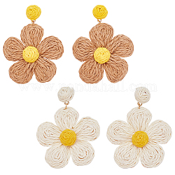 ANATTASOUL 2 Pairs 2 Colors Raffia Grass Paper Flower Dangle Stud Earrings, Alloy Long Drop Earrings for Women, Mixed Color, 68.5mm, Pin: 0.7mm, 1 Pair/color