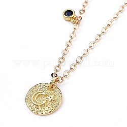 Pendant Necklaces, with Flat Round with Star &  Moon Brass Pendant, Cubic Zirconia Charms and Lobster Claw Clasps, Golden, 16 inch(40.7cm)