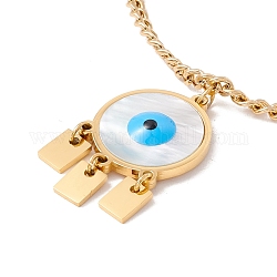 Shell Flat Round with Evil Eye Pendant Necklace with 304 Stainless Steel Curb Chains for Women, Golden, Sky Blue, 16.3 inch(41.5cm)