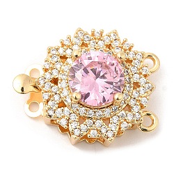 Brass Micro Pave Clear Cubic Zirconia Box Clasps, 2-Strand, 4-Hole, with Pink Glass Rhinestone, Flower, 16.5x21.5x10mm, Hole: 1.4mm