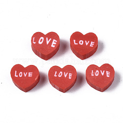 手作り樹脂粘土ビーズ  単語「love」付けのハート  ファイヤーブリック  8~8.5x9~9.5x4.5mm  穴：1.8mm