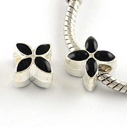 Perles européennes d'émail en alliage, Perles avec un grand trou   , fleur, couleur argentée, noir, 10x10x8mm, Trou: 5mm