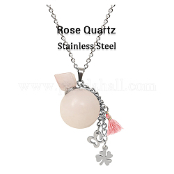 Natural Rose Quartz Perfume Bottle Pendant Necklace with Staninless Steel Butterfly Flower and Tassel Charms, Essential Oil Vial Jewelry for Women, 18.11 inch(46cm)