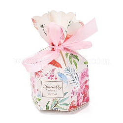 Boîtes de bonbons en papier, emballage de cadeau de fête de mariage de bonbons de bijoux, avec ruban, vase hexagonal, Motif floral, 7.25x7.2x13.1 cm