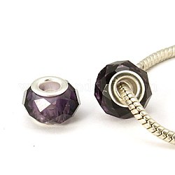 Perle di vetro europei a mano, perline con foro grande, nucleo in ottone colore argento , viola scuro, 14x8mm, Foro: 5 mm