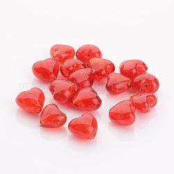 Perline di vetro murano fatto a mano, cuore, rosso, 15x15x10mm, Foro: 1~2 mm