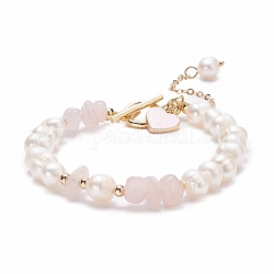 Bracelet en perles de quartz rose naturel et perles avec breloques en alliage d'émail, bijoux en pierres précieuses pour femmes, or, 7-5/8 pouce (19.4 cm)