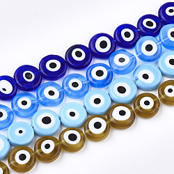 Handmade Evil Eye Lampwork Beads Strands, Flat Round, Mixed Color, 11~13x4~5mm, Hole: 1.2mm, about 31~33pcs/strand, 14.1 inch~15.3 inch