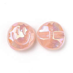 Perles acryliques placage irisé arc-en-ciel, perles de paillettes, plat rond avec motif de visage souriant, saumon clair, 32x32x14.5mm, Trou: 3.5mm
