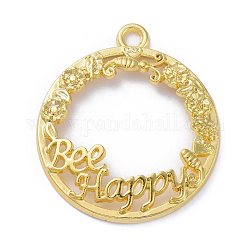 Anhänger aus Zinklegierung mit offener Rückseite, für diy uv harz, Epoxidharz, Gepresste Blumenschmuck, Ring mit Wort Biene glücklich, golden, 33.5x29.5x3.5 mm, Bohrung: 3 mm