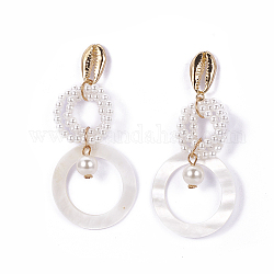 (vente d'usine de fêtes de bijoux) boucles d'oreilles pendantes en perles de coquillage, avec des accessoires en plastique et en laiton, plat rond, or, 83~85mm, pin: 0.6 mm, pendentif: 63~66x39.5x10 mm