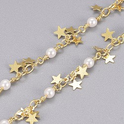 Catene di perline in ottone fatte a mano da 3.28 piedi, con ciondoli in ottone, perla imitazione di vetro, saldato, placcato di lunga durata, stella, bianco, oro, 10.5x3.2x3mm, 3.5x2.5x0.3mm