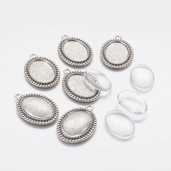 Fabricación pendiente de diy, con ajustes de cabujón de aleación de estilo tibetano y cabujones de vidrio, oval, plata antigua, 37x26x2mm, agujero: 3 mm, Bandeja: 25x18 mm